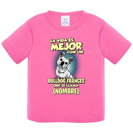Camiseta bebé la vida es mejor con un perro raza Bulldog francés blanco que se llama personalizable con nombre
