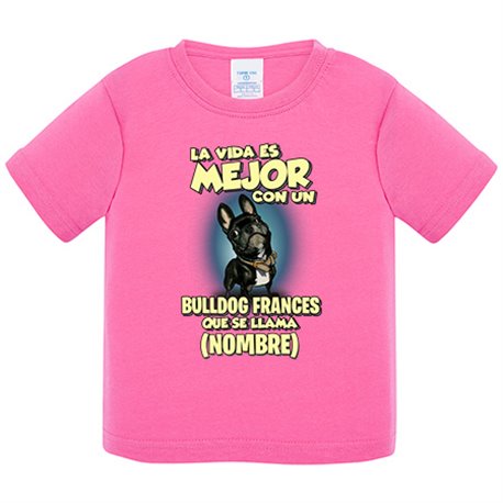 Camiseta bebé la vida es mejor con un perro raza Bulldog francés negro que se llama personalizable con nombre