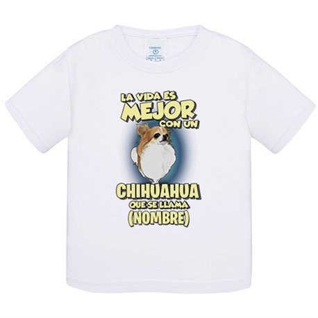 Camiseta bebé la vida es mejor con un perro raza Chihuahua pelo largo que se llama personalizable con nombre