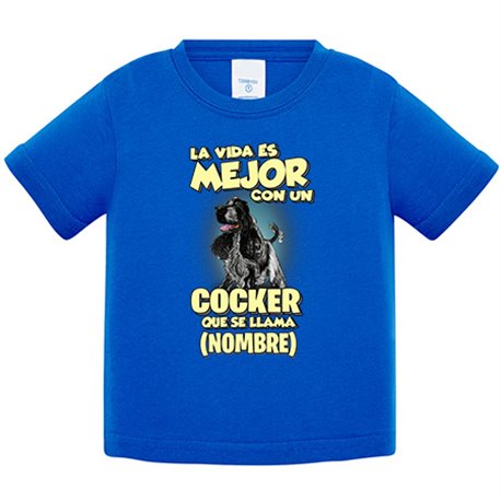 Camiseta bebé la vida es mejor con un perro raza Cocker blanco y negro que se llama personalizable con nombre