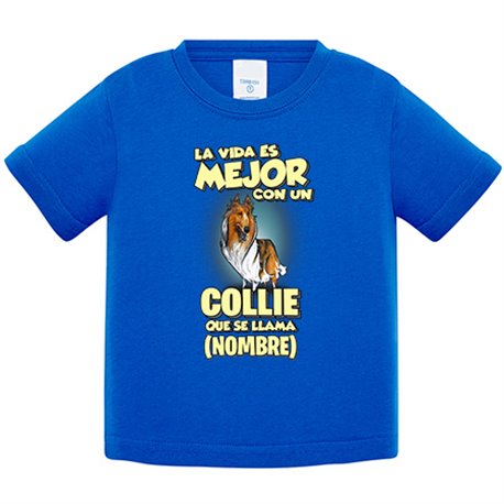 Camiseta bebé la vida es mejor con un perro raza Collie blanco y marrón que se llama personalizable con nombre