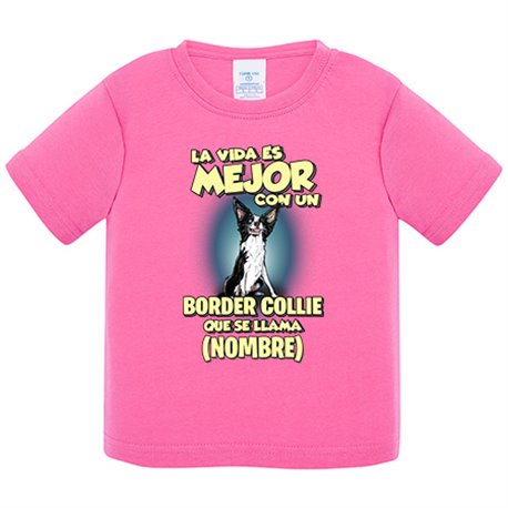 Camiseta bebé la vida es mejor con un perro raza Collie Border que se llama personalizable con nombre