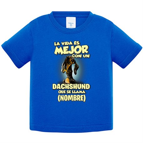 Camiseta bebé la vida es mejor con un perro raza Dachshund negro que se llama personalizable con nombre