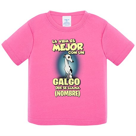 Camiseta bebé la vida es mejor con un perro raza Galgo blanco y negro que se llama personalizable con nombre