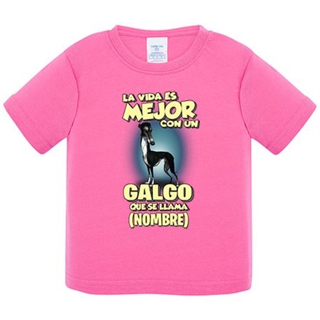 Camiseta bebé la vida es mejor con un perro raza Galgo negro que se llama personalizable con nombre
