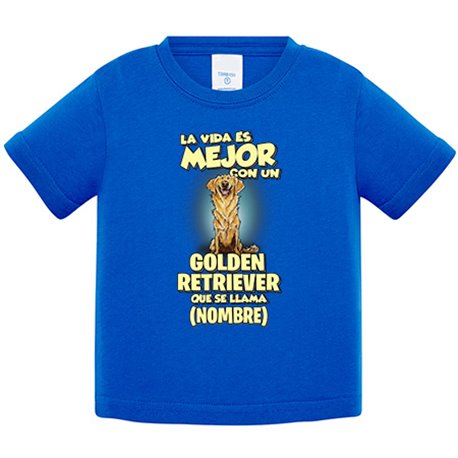 Camiseta bebé la vida es mejor con un perro raza Golden Retriever que se llama personalizable con nombre
