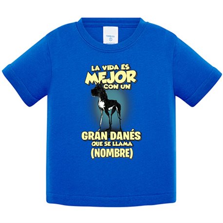 Camiseta bebé la vida es mejor con un perro raza Gran Danés negro que se llama personalizable con nombre
