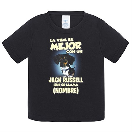 Camiseta bebé la vida es mejor con un perro raza Jack Russell blanco y negro que se llama personalizable con nombre