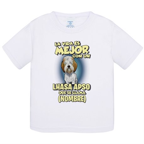 Camiseta bebé la vida es mejor con un perro raza Lhasa Apso que se llama personalizable con nombre