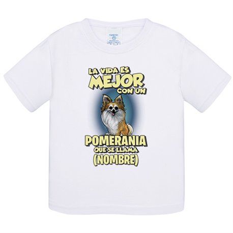 Camiseta bebé la vida es mejor con un perro raza Pomerania que se llama personalizable con nombre