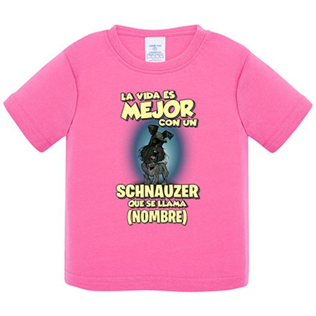 Camiseta bebé la vida es mejor con un perro raza Schnauzer negro que se llama personalizable con nombre