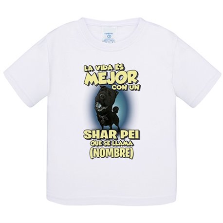 Camiseta bebé la vida es mejor con un perro raza Shar pei negro que se llama personalizable con nombre