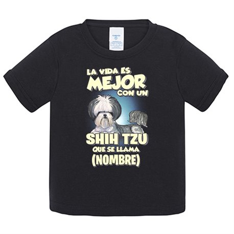 Camiseta bebé la vida es mejor con un perro raza Shih Tzu que se llama personalizable con nombre