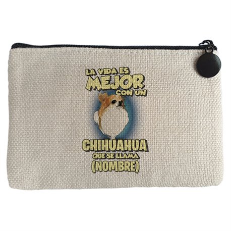 Monedero la vida es mejor con un perro raza Chihuahua pelo largo que se llama personalizable con nombre