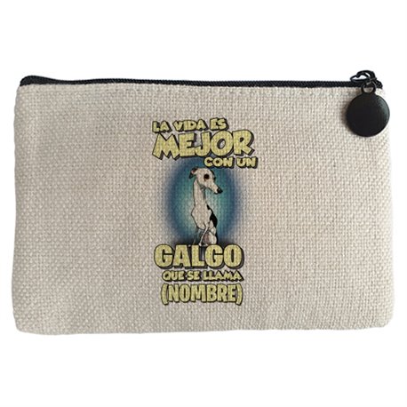 Monedero la vida es mejor con un perro raza Galgo blanco y negro que se llama personalizable con nombre