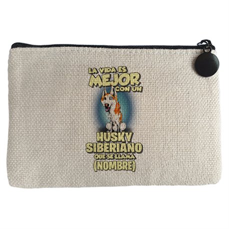 Monedero la vida es mejor con un perro raza Husky Siberiano blanco y marrón que se llama personalizable con nombre