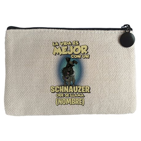 Monedero la vida es mejor con un perro raza Schnauzer negro que se llama personalizable con nombre