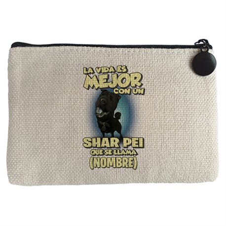 Monedero la vida es mejor con un perro raza Shar pei negro que se llama personalizable con nombre
